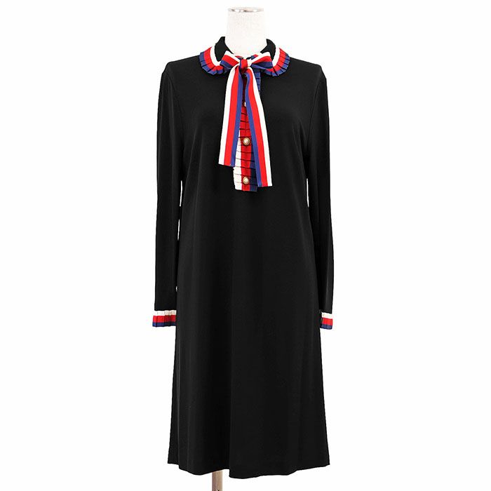 GUCCI グッチ ワンピース リボン シェリーライン GG ロゴ インターロッキング フェイクパールボタン レーヨンジャージー ストレッチ ガーメント ハンガー付属 レディース サイズ XL ブラック トリコロール 黒 イタリア製