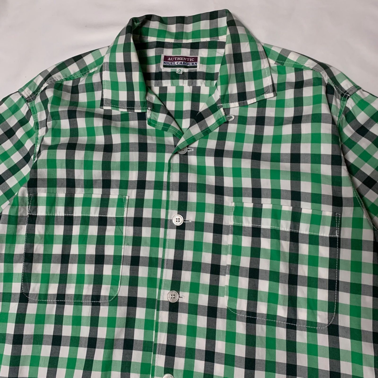 90s NIGEL CABOURN S/S Open Coller Check Shirt ナイジェルケーボン オープンカラーチェックシャツ 開襟シャツ 半袖 グリーン ホワイト ブラック サイズ2 日本製 アングローバル期 ハンガーループ ピスタグ