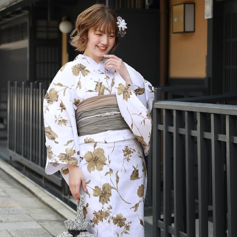 ときめき夏恋浴衣ヘコ帯2点セット 10.白地にベージュのお花