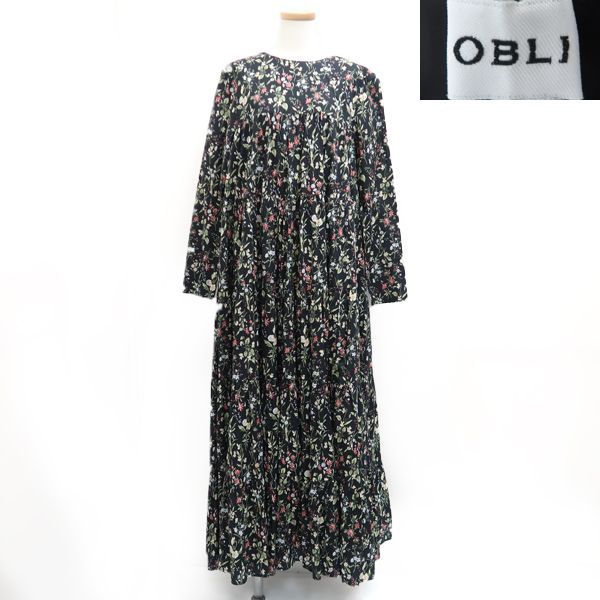 OBLI フラワーティアードワンピース 長袖 22TNND8 #1 黒 花柄 OBLI フラワーティアードワンピース 長袖 22TNND8 #1 黒 花柄