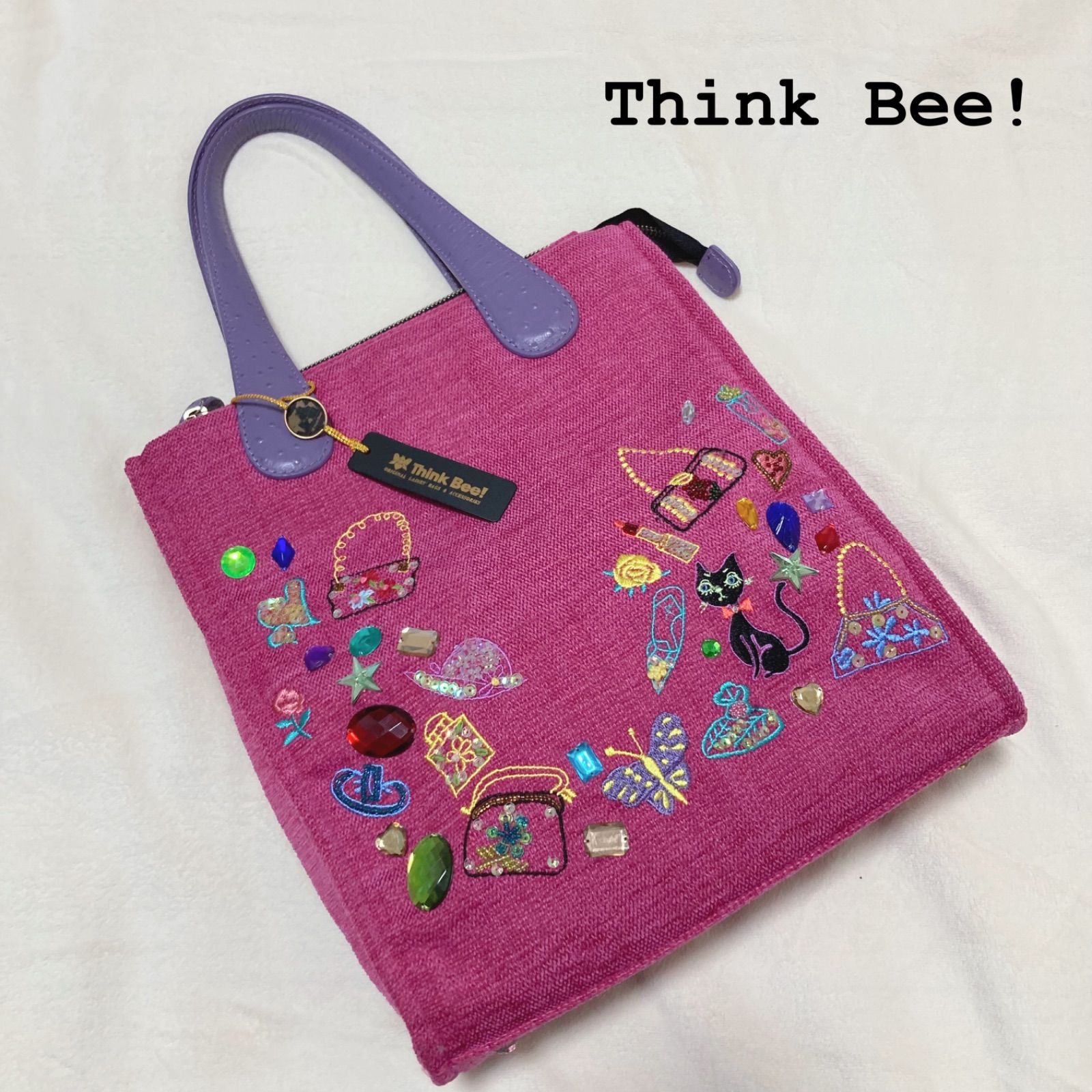 【美品】シンクビー ハンドバッグ トートバッグ ハート 刺繍 スパンコール Think Bee!シンクビー ハート刺繍トートバッグスパンコール