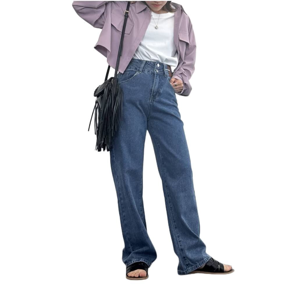 Size XS_Color ブルー アイモハ デニムパンツ レディース ハイウエスト ワイド ワイドパンツ デニム ボトムス 体型カバー ジーンズ ポケット ホワイトデニム 2ボタン 春 夏 秋 冬 韓国 ライク 脚長効果 おしゃれ ゆったり 大きいサイズ