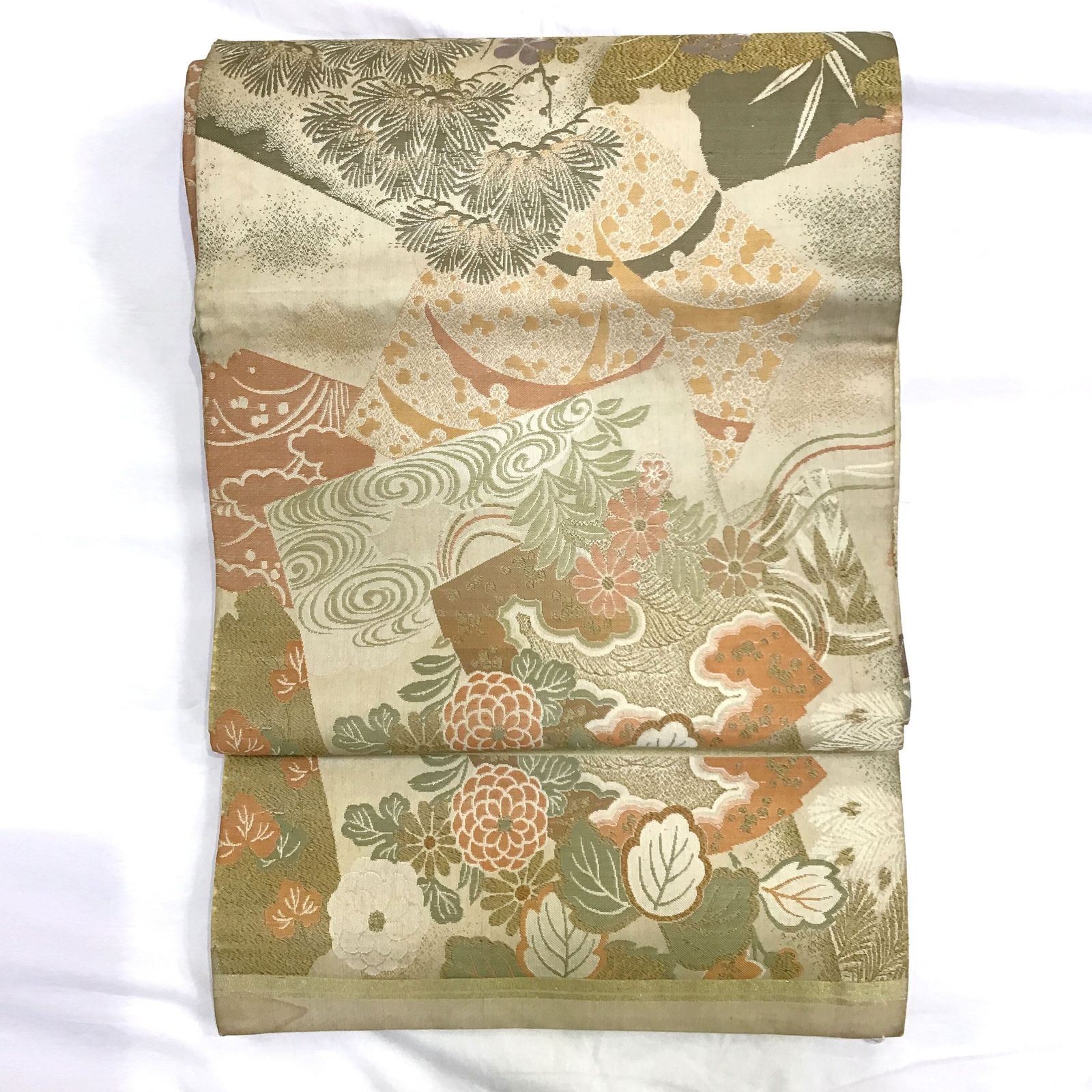 丸帯 正絹 草花 白地 No.200701-0857 梱包サイズ60