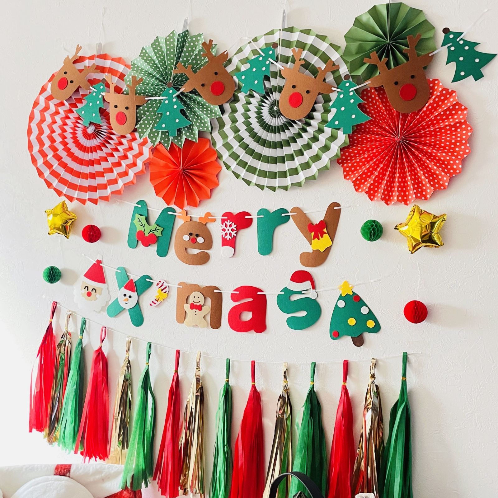 クリスマス飾り サンタ トナカイガーランド ペーパーファン Merry