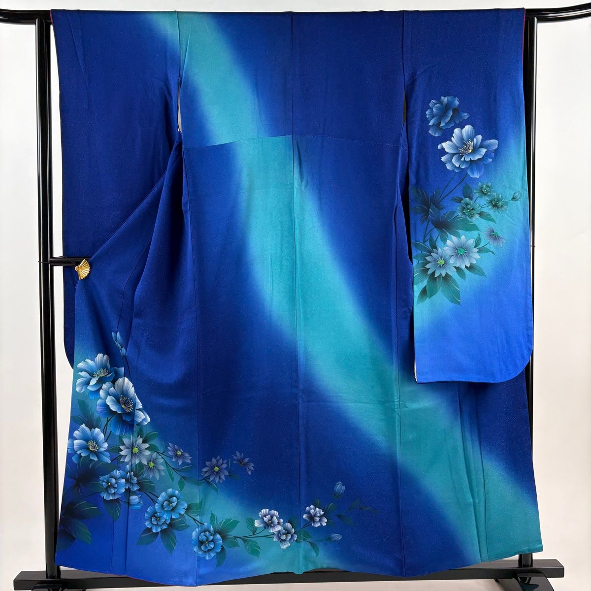 振袖 身丈156cm 裄丈63.5cm S 袷 草花 金通し ぼかし 青 正絹 名品 【】