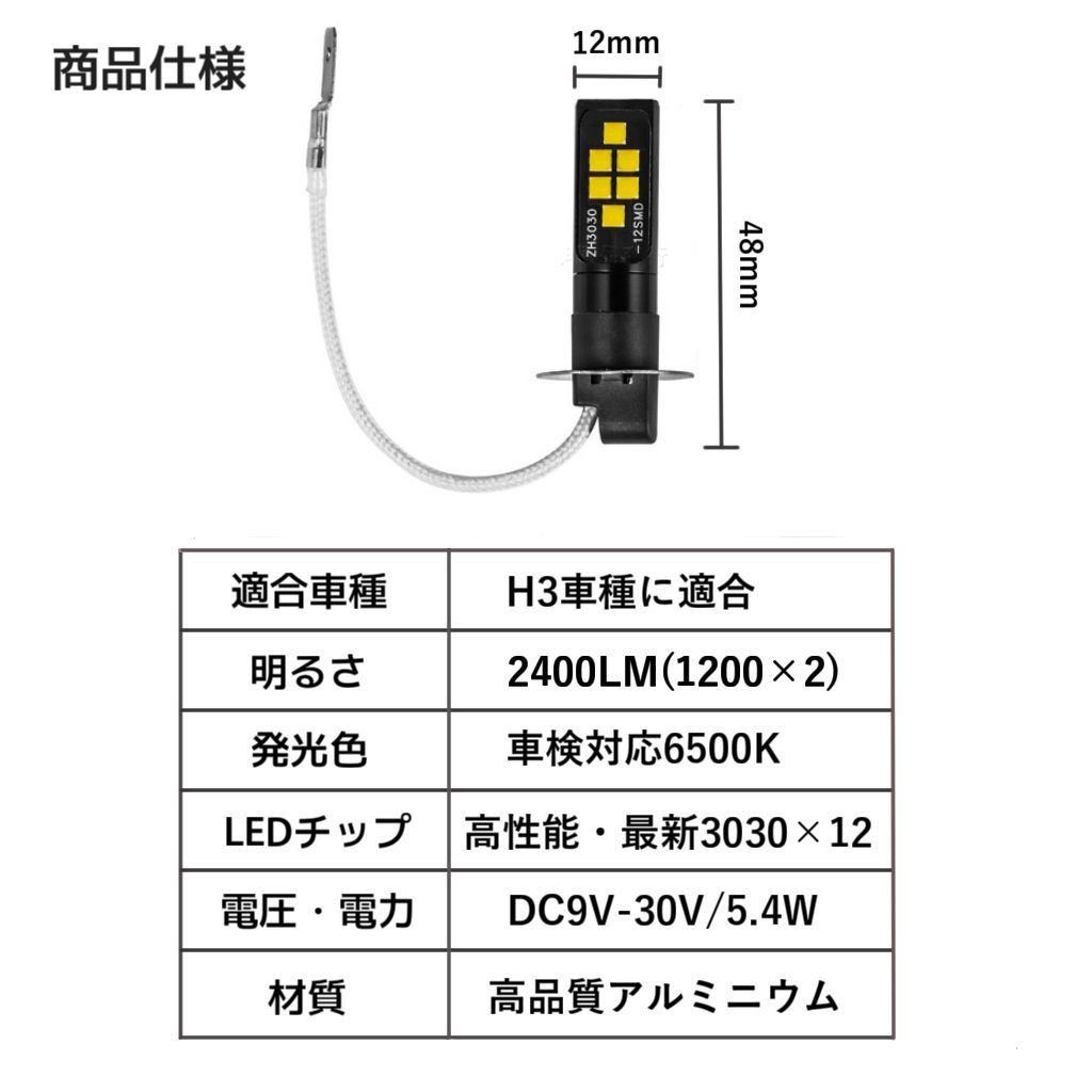 LEDフォグランプ 三菱 ミラージュ[H3.10～H11.6 CA1A CJ#A CA#A] 対応 H3 2個 車検対応6500K バルブ 電球  ライト ホワイト Mitsubishi