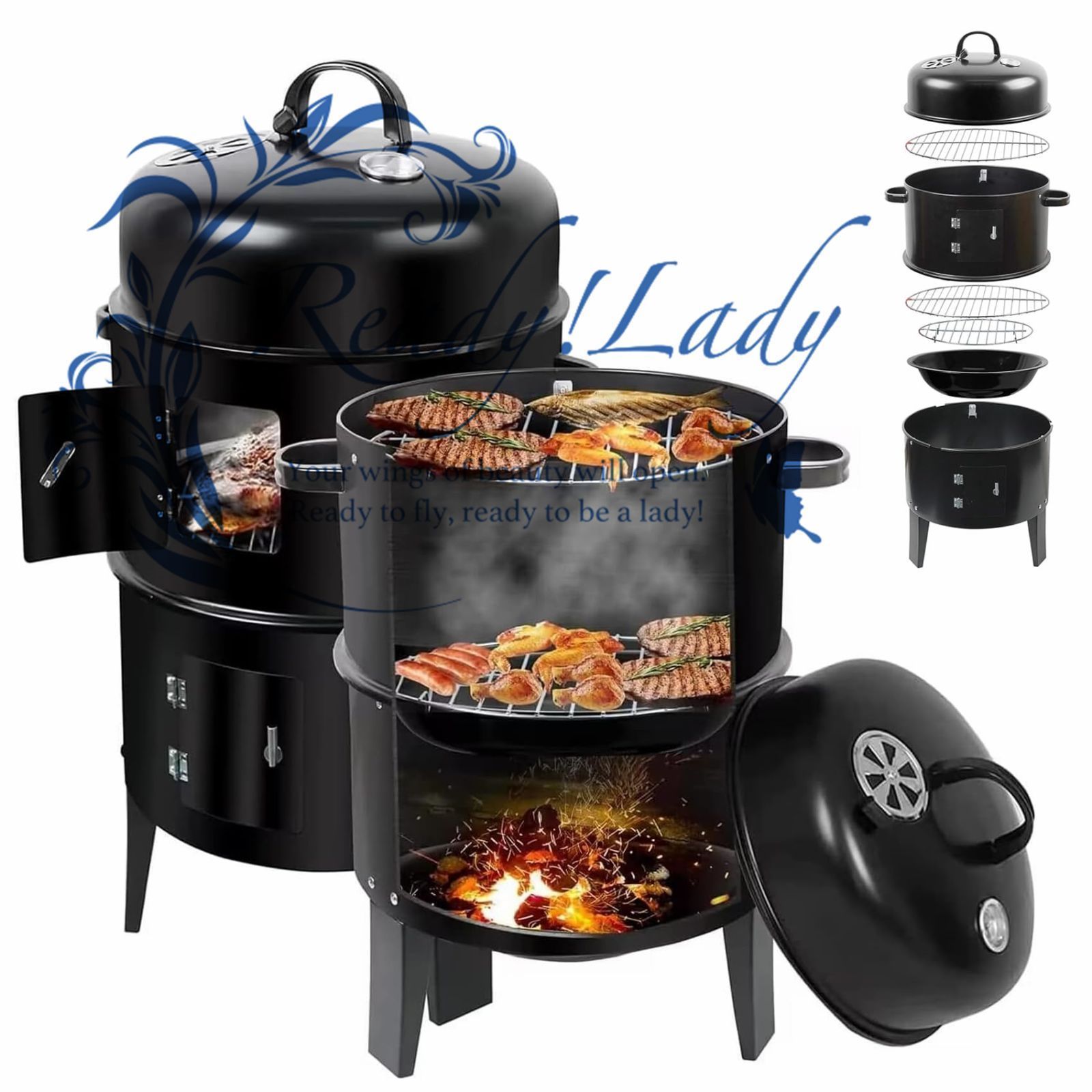バーベキューコンロ bbq コンロ 燻製器 温度計 蓋 付き 薪