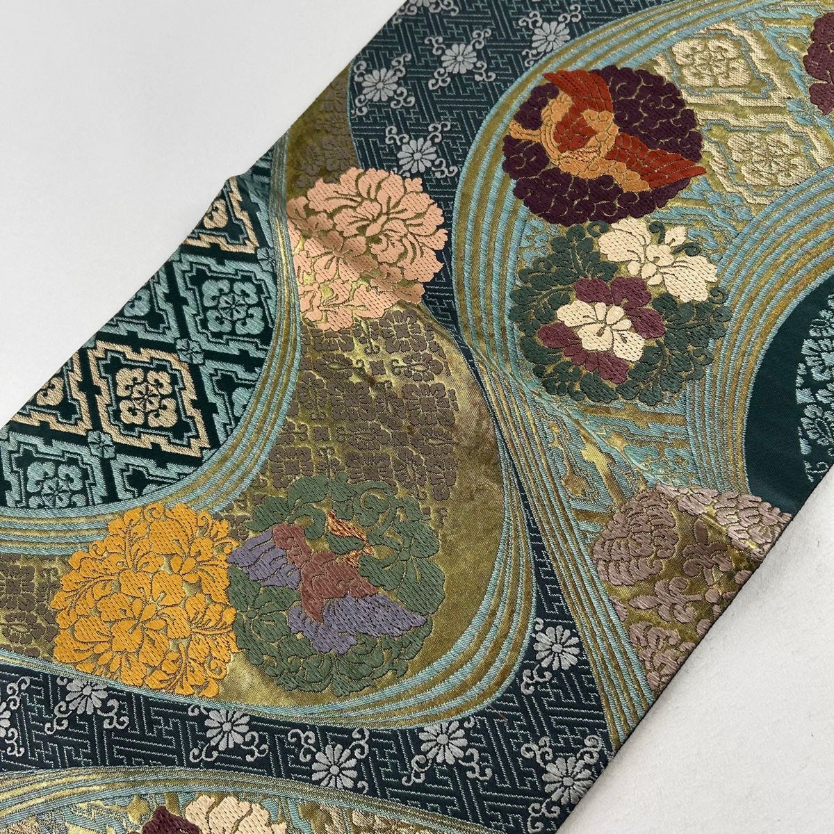 袋帯 美品 秀品 証紙 花鳥 花菱 唐織 箔 緑 六通 正絹 【中古