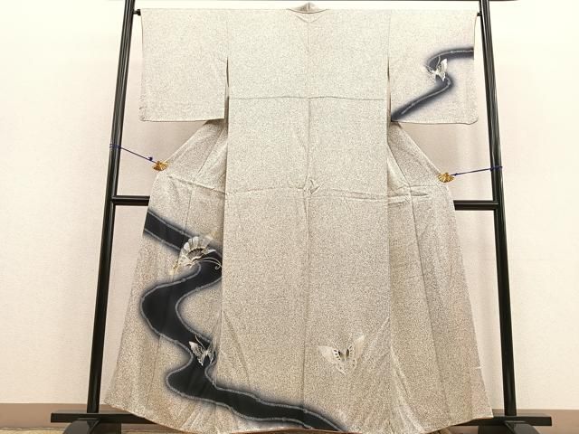 訪問着　作家もの　たたき染め　蝶模様　花模様　着物　075a p 平和屋着物□訪問着 舞蝶文 たたき染め 金銀彩 正絹 逸品