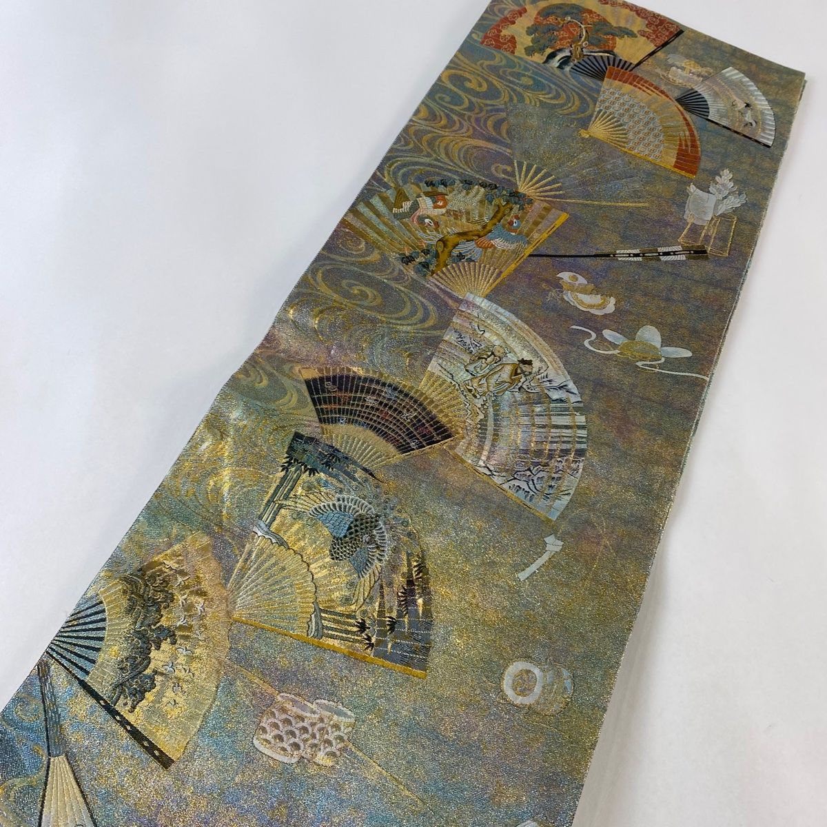 袋帯 美品 名品 落款 徳川美術館秘蔵 能楽百扇 銀色 全通 正絹