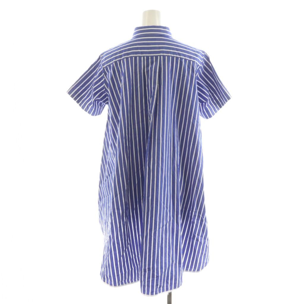 4746【美品】サカイ　半袖ストライプブラウス 編上げ レースアップ 青 S サカイ sacai シャツ ブラウス 半袖 ストライプ柄 コットン 1 青