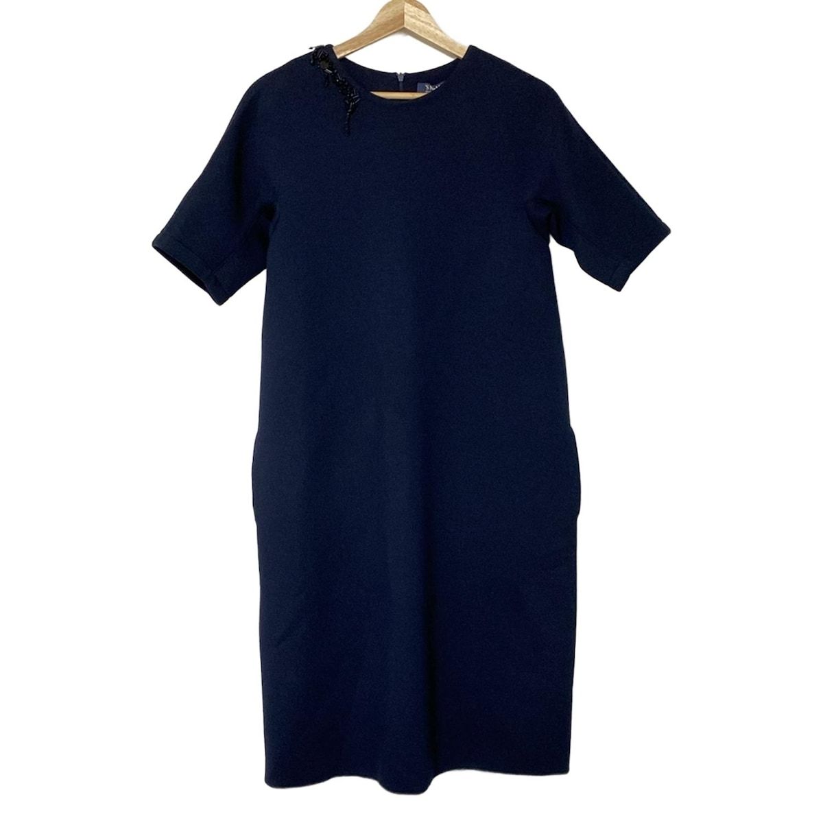 S Max Mara マックスマーラ ワンピース サイズS レディース - ダークネイビー クルーネック 半袖 ロング ビジュー