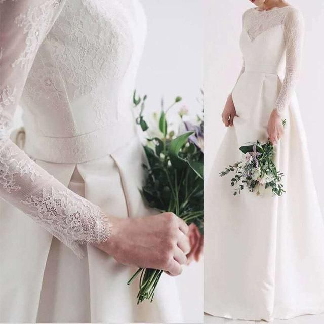 エレガントなサテン長袖ウェディングドレス サテンレースドレスエレガント結婚式パーティー (ウェディング