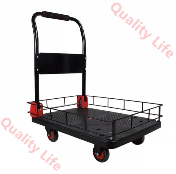 ケージ付きプラットフォームトラックカート 取り外し なフェンス付き折りたたみ式ハンドトラックフラットカート 4つの回転キャスター付き プッシュカート 倉庫 荷物移動用72x48x82cm 28x19x32in