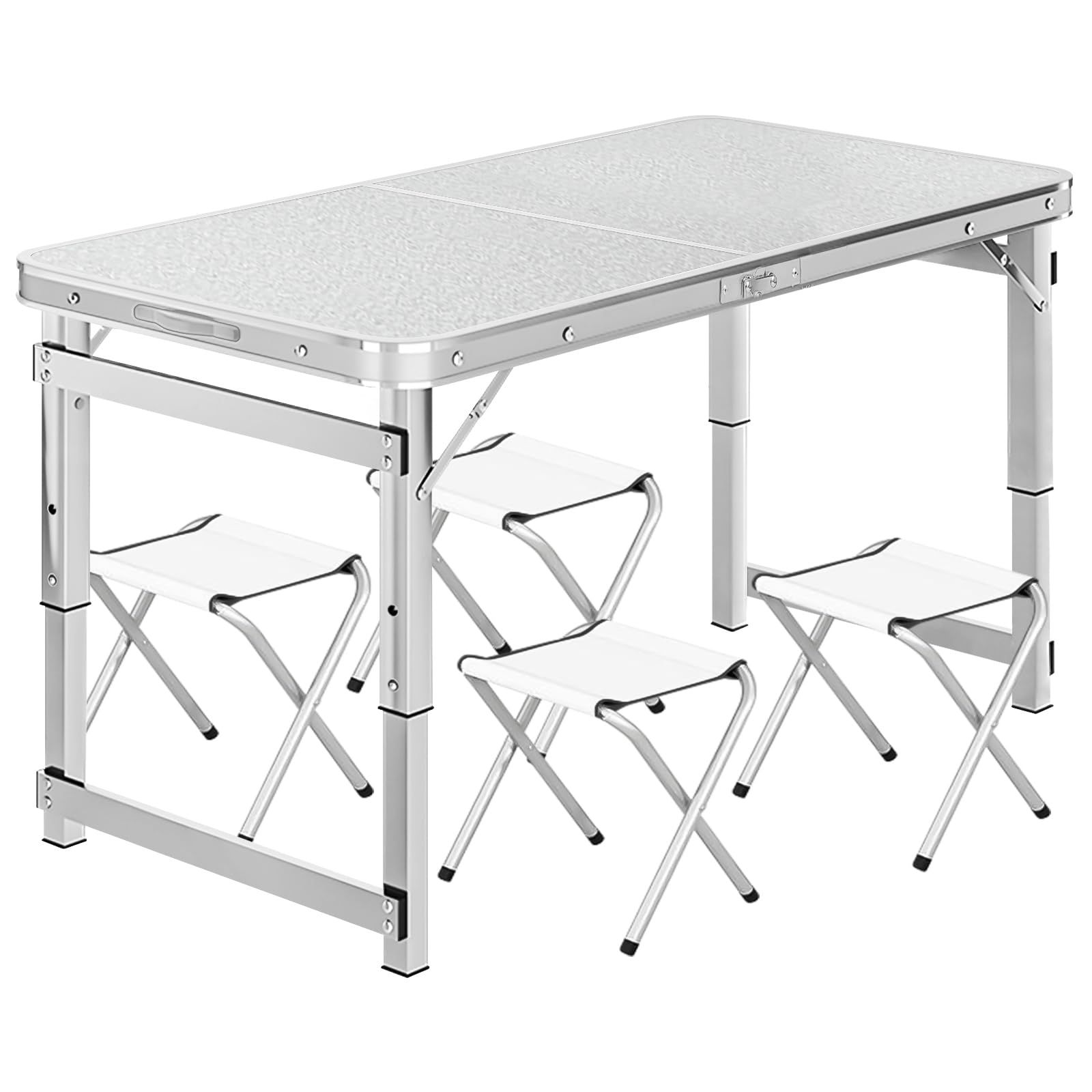 キャンプ用 レジャー ピクニック FG 120×60× 55-62-70 cm 高さ3段階調整 折りたたみ 耐荷重30kg テーブル テーブル シルバー-椅子4個付き キャンプ 日本企業 アウトドア