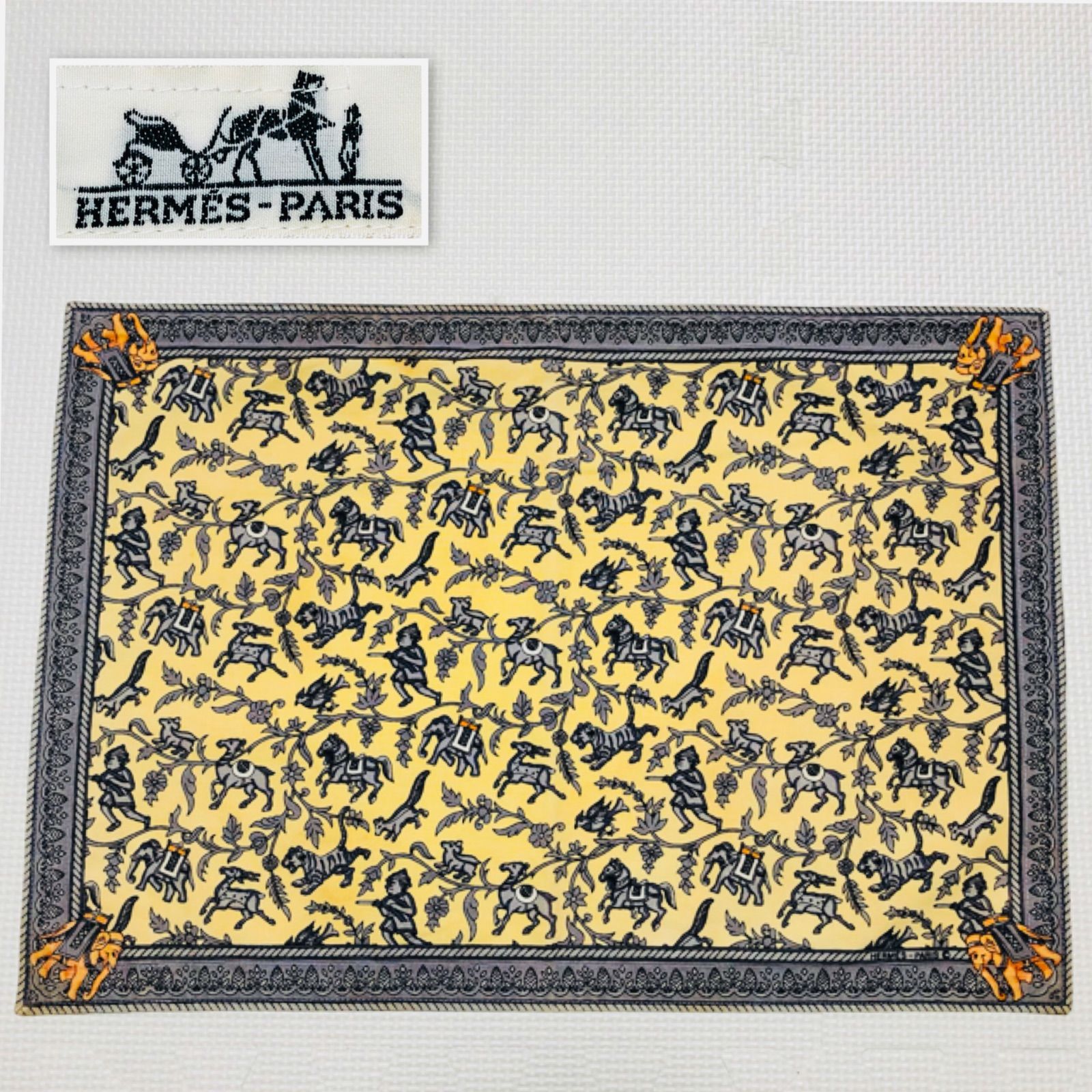 HERMES エルメス ランチョンマット アニマル総柄 エキゾチック イエロー×グレー コットン フランス製
