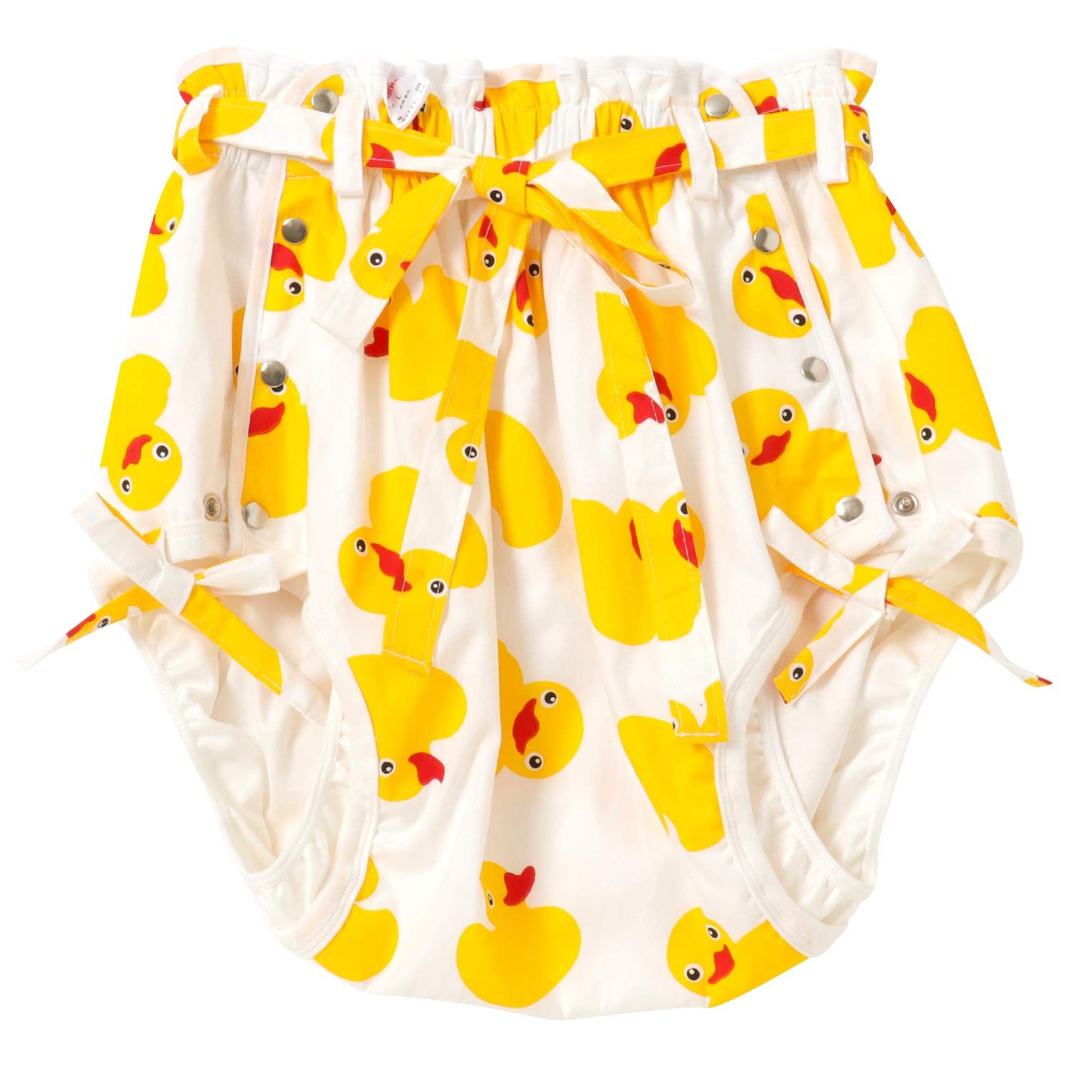 ママミッケ おむつカバー ホックおむつ 大人用 かわいい マジックテープ サイズ調整 快適 防水加工 紐あり 白色 ひよこ 紐 LL