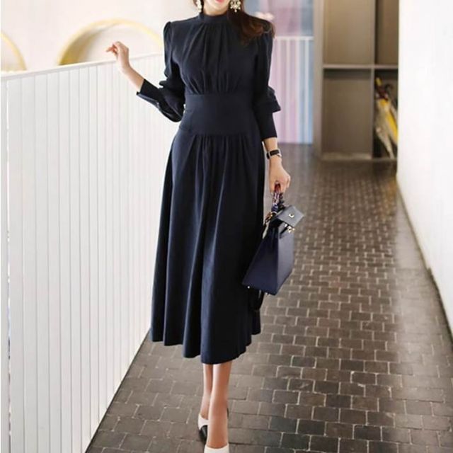 プチハイネック プリーツ 切り替え ワンピ ワンピース ロング ロング丈 長袖 パフスリーブ ハイネック 襟なし フレア ウエストマーク 切り替えデザイン ハイウエスト かわいい 大人可愛い きれいめ シンプル 大人 上品 おしゃれ 大人女子 こなれ感 クール モード系 エレガント プチハイネック プリーツ 切り替え ワンピ ワンピース ロング ロング丈