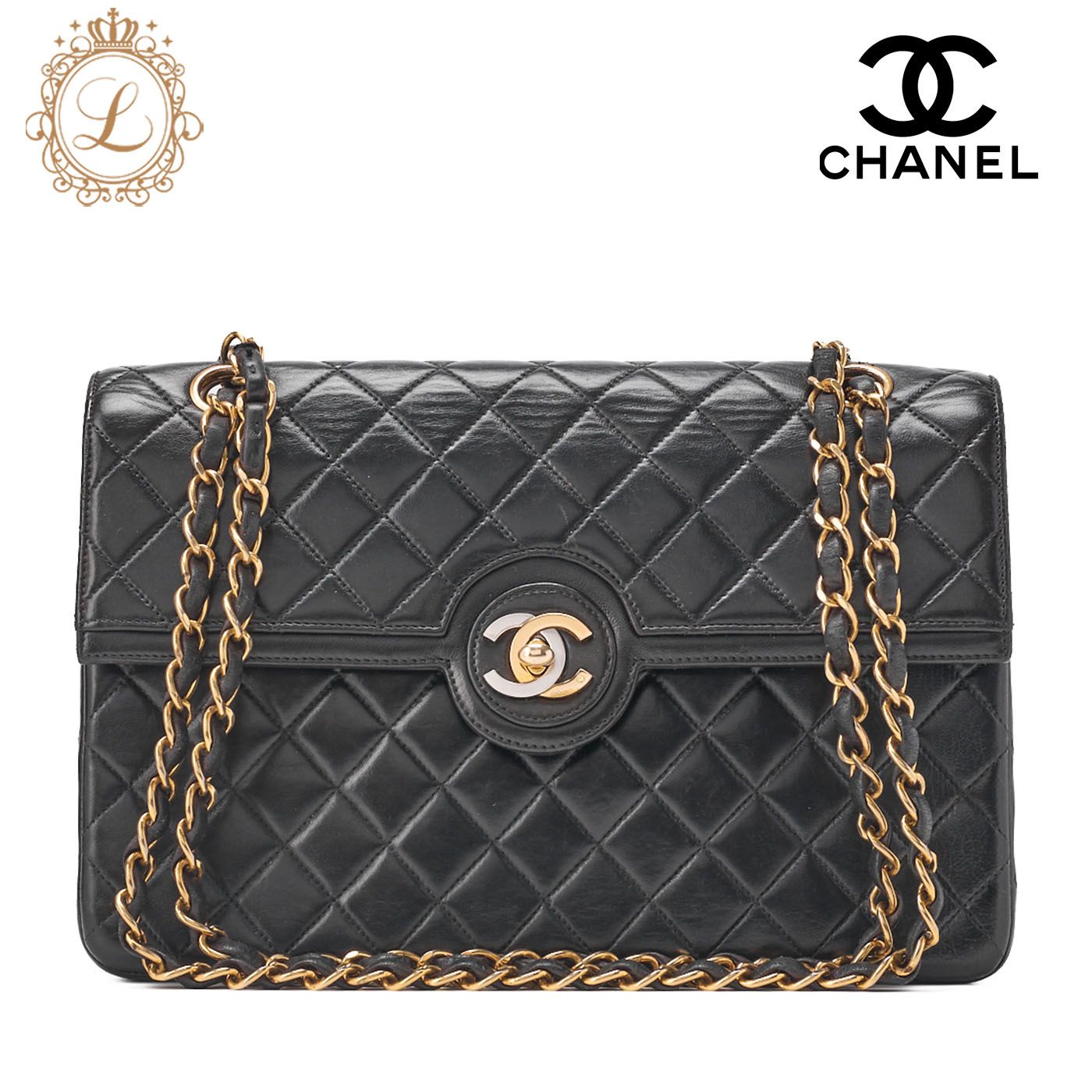 CHANEL シャネル チェーンショルダーバッグ マトラッセ パリ ターンロック ラムスキン 黒 ゴールド金具 ブランド 送料無料