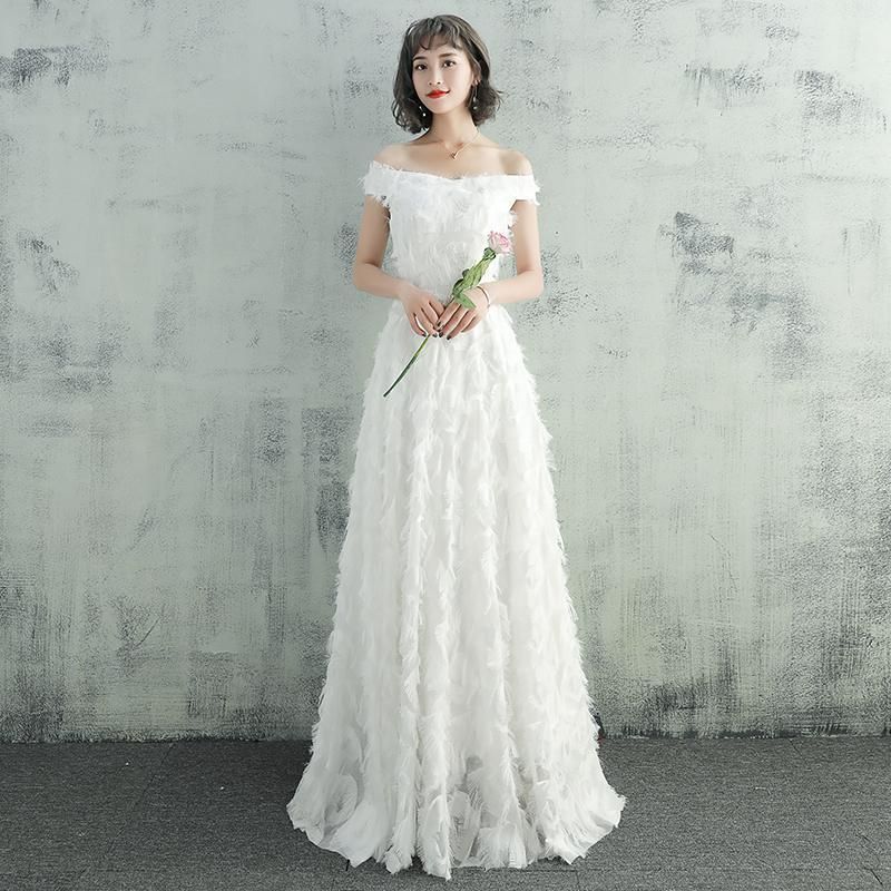 ウェディングドレス 編み上げ ファスナー フェザー パーティードレス 二次会 結婚式 披露宴 ブライダル ロング 花嫁 ウエディング Aライン