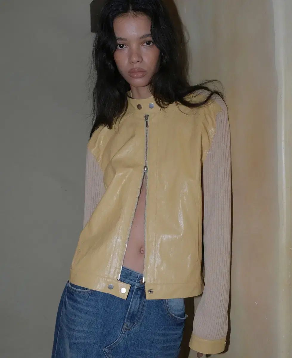 韓国商品/POLYSOOEM RIBBED PANEL BIKER JACKET Polysooem Ribbed Panel Biker Jacket - Yellow | International