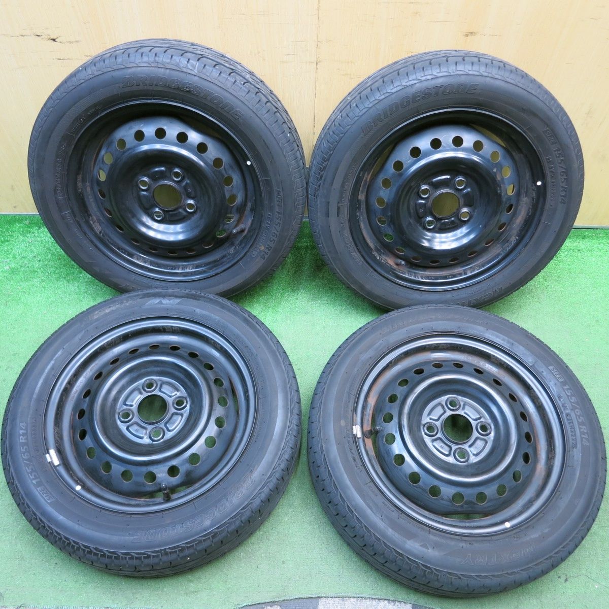 バリ溝 22年 8.5分 155 65R14 ブリヂストン ネクストリー エコピア スチール ホイール 14インチ PCD100 4H 5092808HAノ