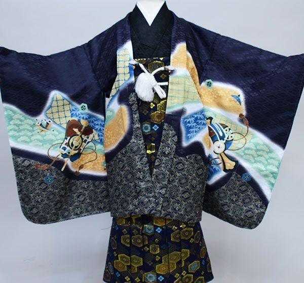 七五三 五歳 男児 羽織袴フルセット 紋袴 綸子地 黒地 鷹 お仕立て無料