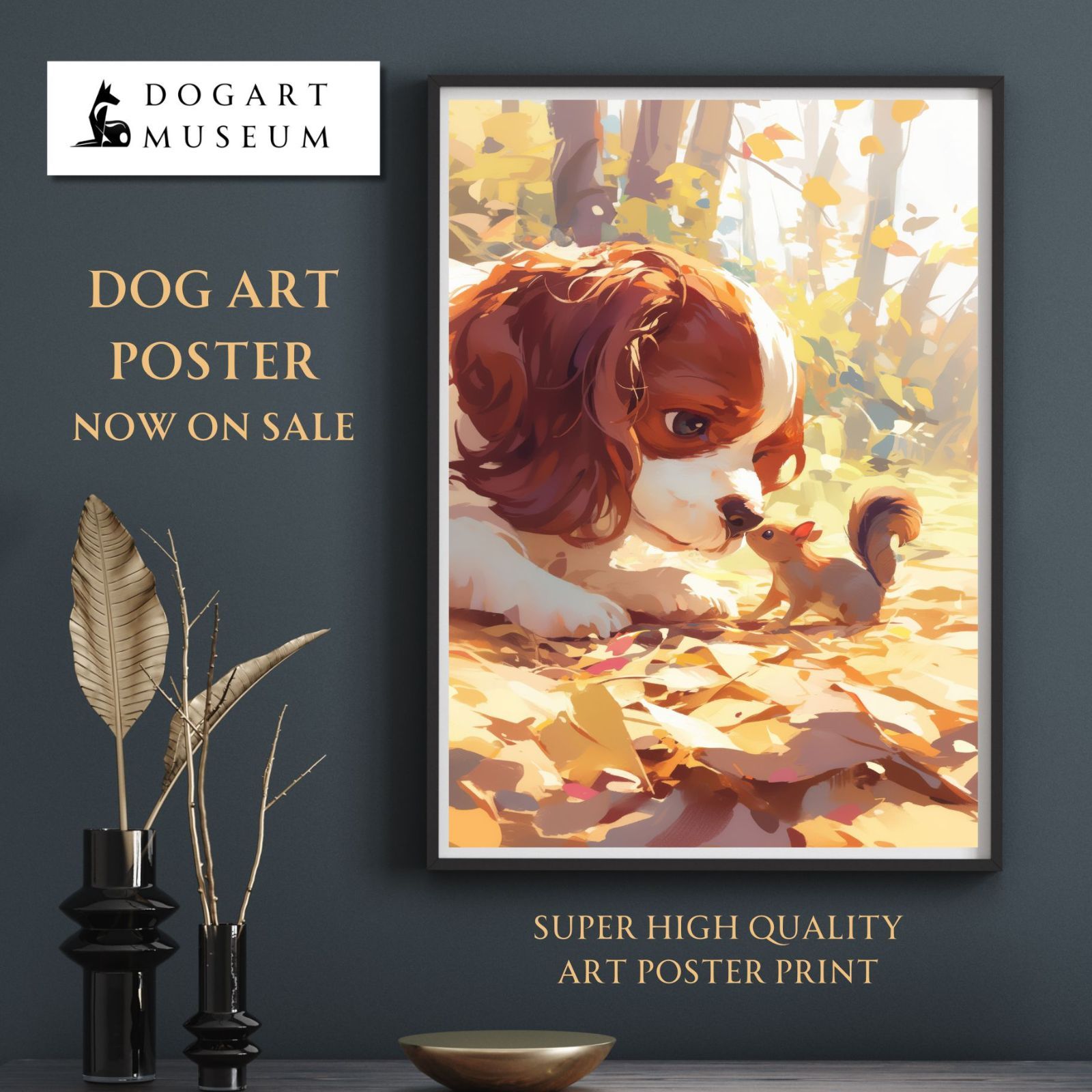 栗鼠犬戯舞 - キャバリア キングチャールズ スパニエル犬の子犬 No.1 リス 紅葉 秋 子犬 ペットロス うちの子記念日 アートポスター 犬の絵 犬のイラスト