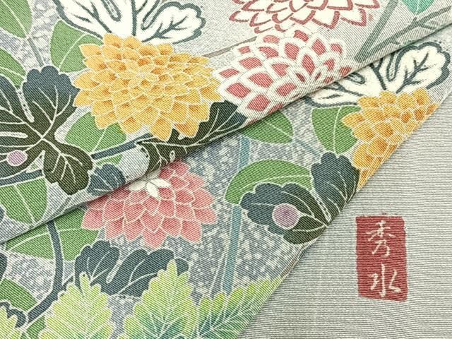 平和屋着物▽訪問着　単衣　友禅　作家物　孔雀草花文　正絹　逸品　AAAW7733fy 平和屋着物▽訪問着 単衣 友禅 作家物 孔雀草花文 正絹 逸品
