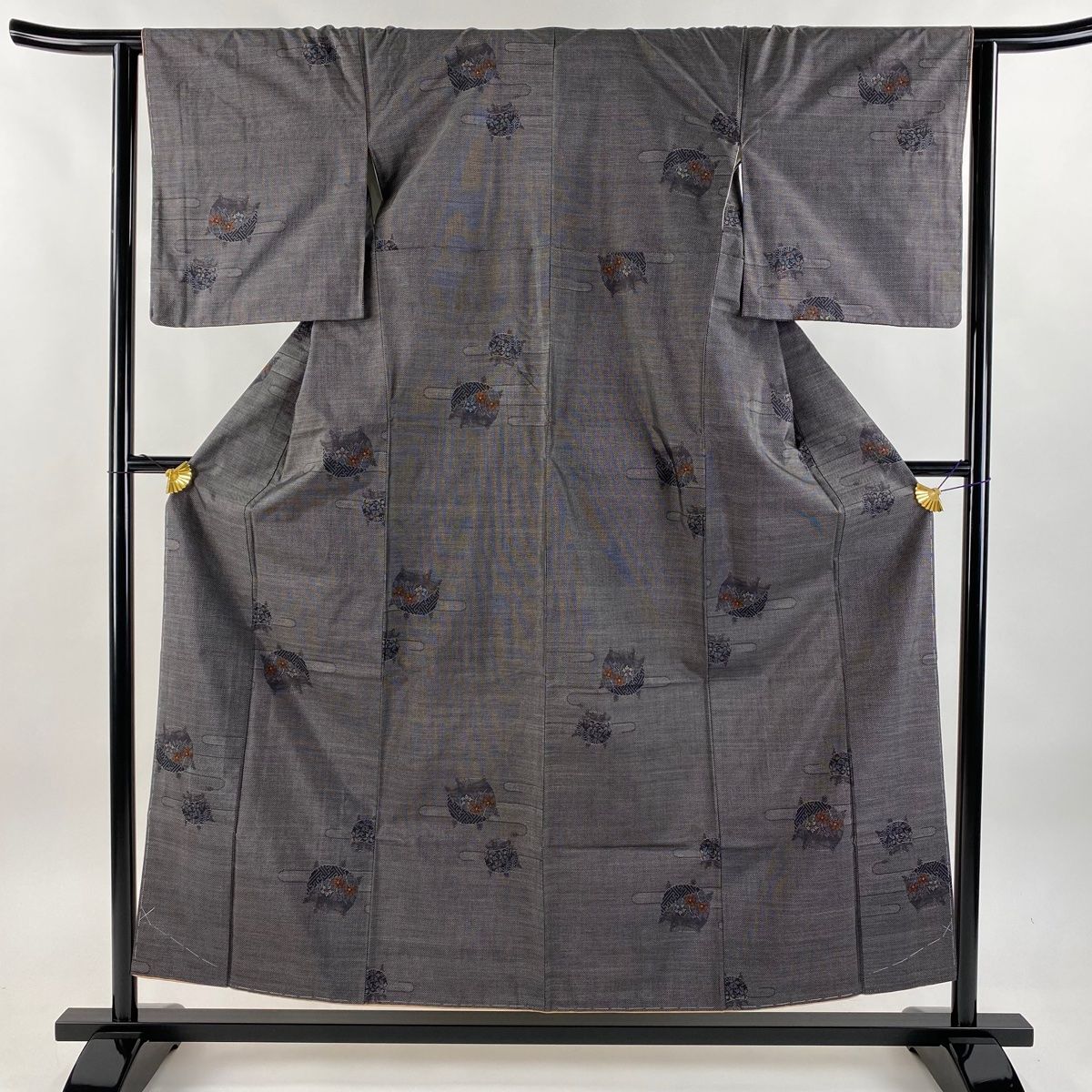 大島紬 身丈155cm 裄丈64cm M 袷 証紙 糸巻き ヱ霞 墨色 正絹 秀品