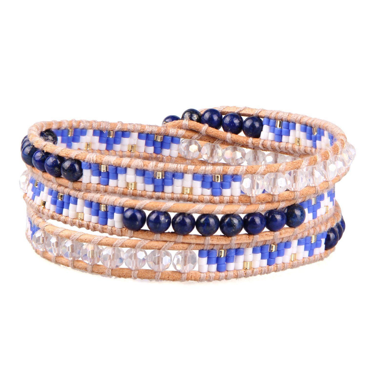 【数量限定】天然ブルークリスタルシェルパールビーズミックス3ラップブレスレットハンドメイドファッション女性ジュエリー（ラピス・ラズリシードビーズ） [KELITCH]