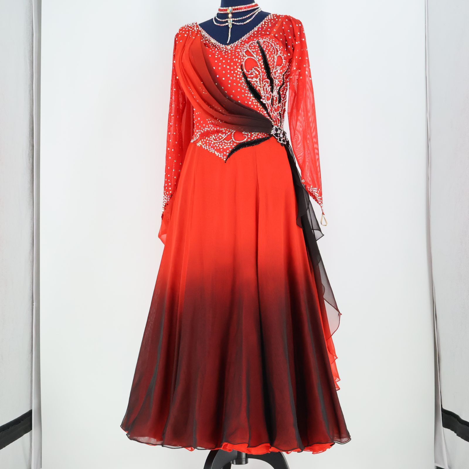 社交ダンス衣装】レッド 白樺ドレス ワンピース ドレス 赤 黒 フロート