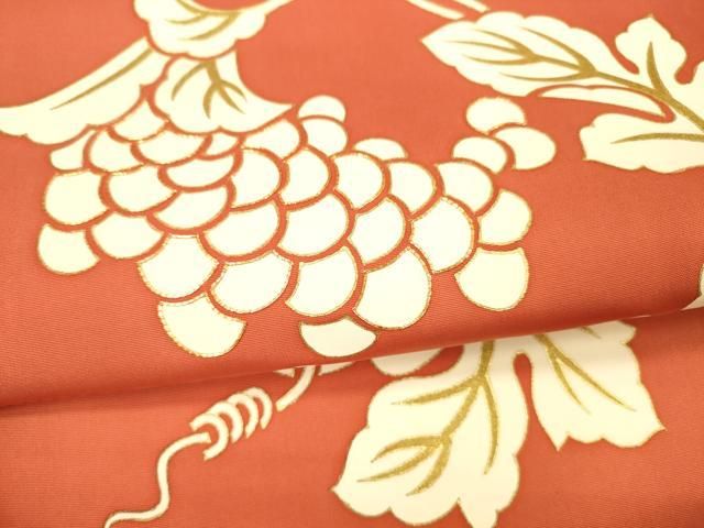 平和屋着物○塩瀬 九寸名古屋帯 駒刺繍 葡萄蔦の葉文 金糸 正絹 逸品