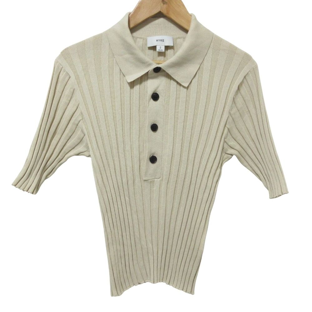 25SS HYKE ハイク WIDE RIBBED POLO SWEATER リブ ニット ポロシャツ 251-11385 2 ベージュ レディース 古着