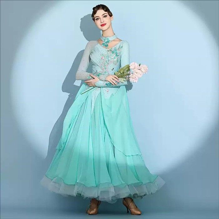 社交ダンスドレス フロート 上品 フリル モダンドレス ラインストーン ビジュー 社交ダンス衣装 長袖 大きい裾 モダン スタンダード ワルツ レディース ワンピース ダンス衣装 イベント パーティー 発表会 競技用 コンクール