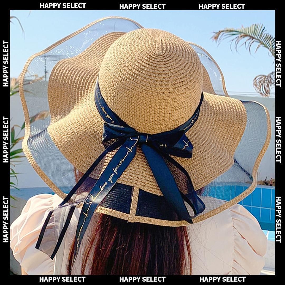 帽子 麦わら帽子 シアー ストローハット レディース リボン おしゃれ