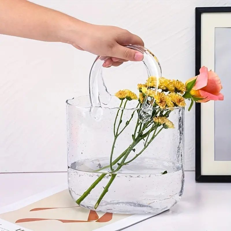 1個 花用ガラスハンドバッグ型花瓶、ハンドルと泡付きクリア 1個 花用ガラスハンドバッグ型花瓶、ハンドルと泡付きクリア