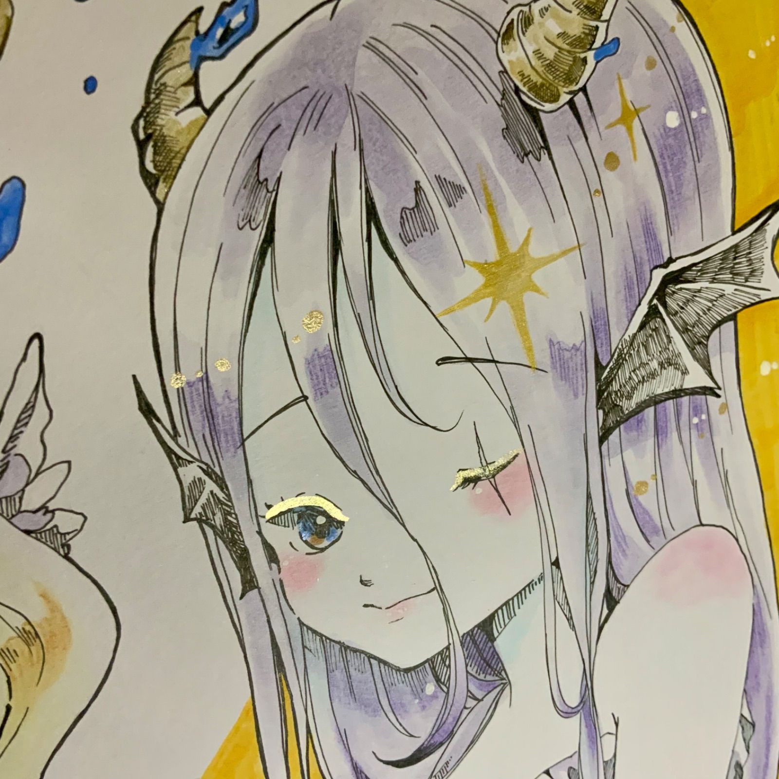 手描きイラスト オリジナル 創作 原画 ドローイング クリスマス 天使 金 緑 手描きイラスト オリジナル 創作 原画 ドローイング クリスマス