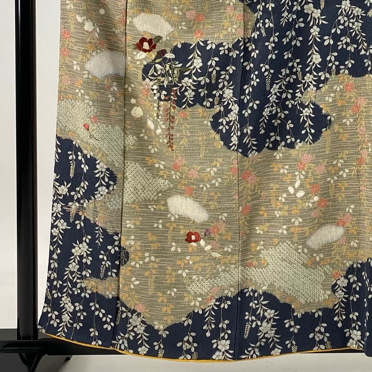 訪問着 身丈158.5cm 裄丈63cm S 袷 扇面 草花 金彩 染分け 青灰色 正絹