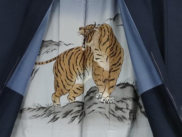 平和屋本店□極上 男性 紬 アンサンブル 色無地 紺青色 羽裏・虎 逸品