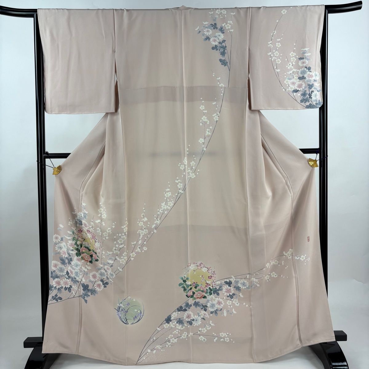 訪問着 身丈166cm 裄丈65.5cm M 袷 藤舟 落款 菊 花丸文 薄ピンク 正絹  