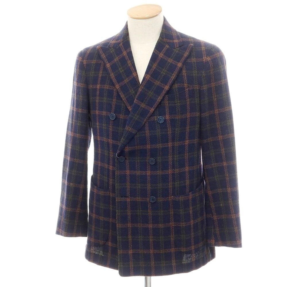 【中古】サンタニエッロ SANTANIELLO コットンウール チェック ダブルジャケット ネイビーxブラウン系【サイズ44】【メンズ】
