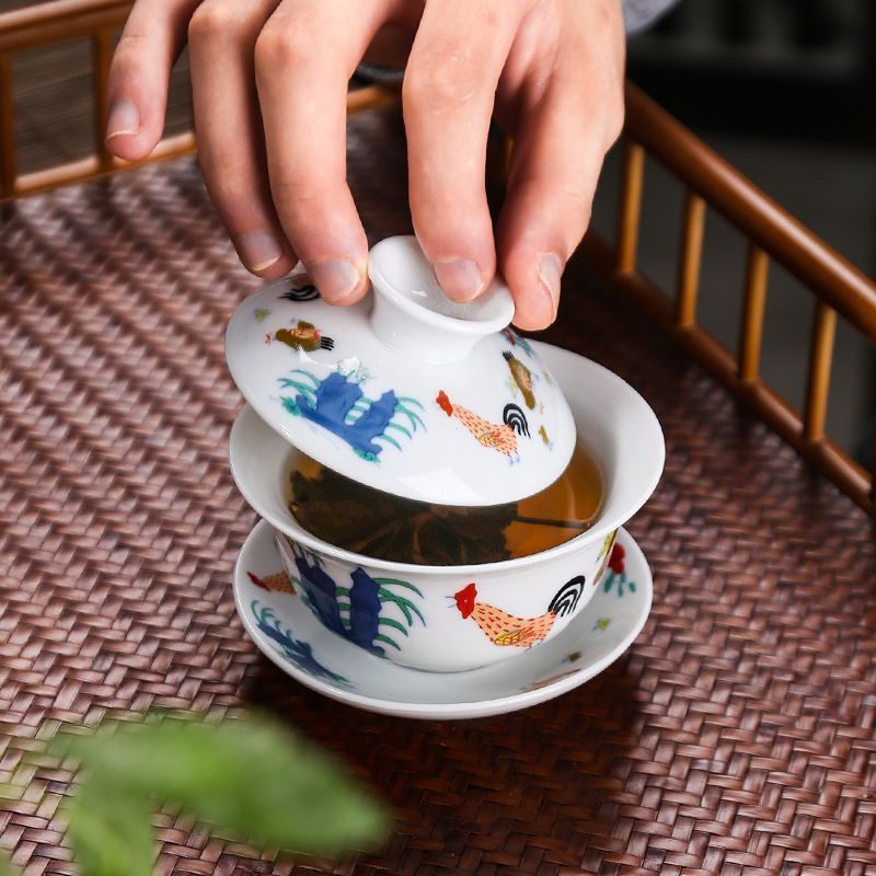 雄鶏三才 蓋碗茶 茶碗 茶杯 景徳鎮カンフー 茶器 急須 手作り