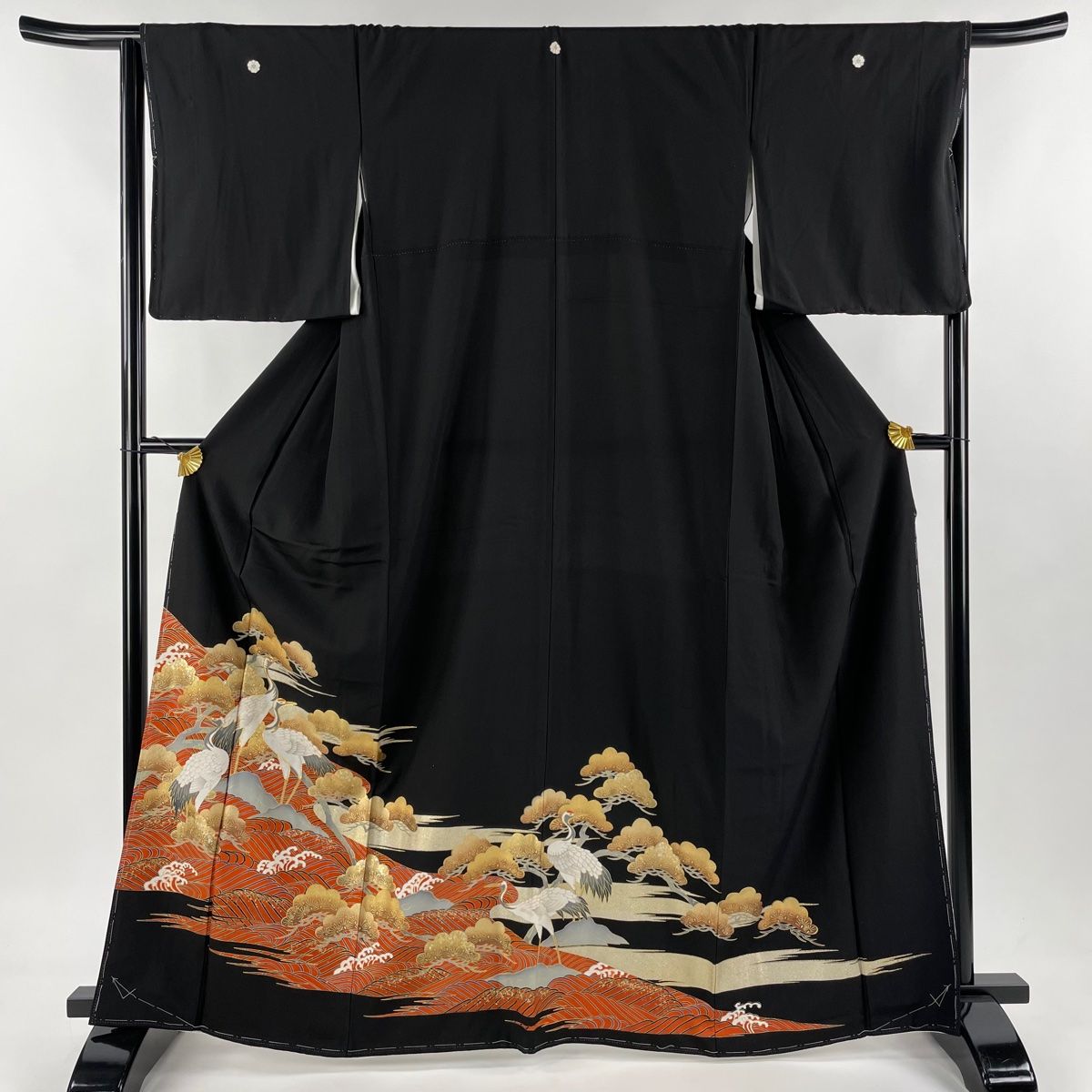 黒留袖 身丈165cm 裄丈66cm M 袷 松 鶴 金彩 金糸 黒 正絹 秀品