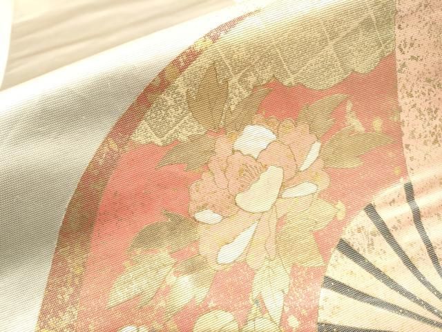 平和屋着物▽太鼓柄袋帯 螺鈿箔 扇面草花文 金彩 引箔 正絹 逸品  