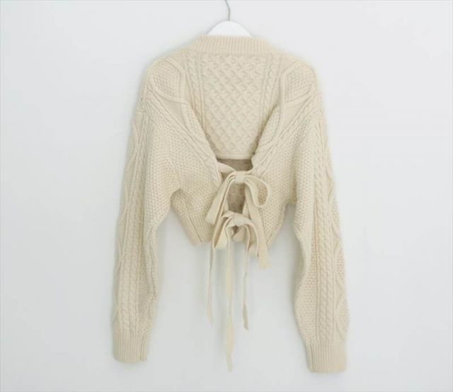 トップス ニットソー セーター ミニ丈 長袖 Vネック リボン かわいい