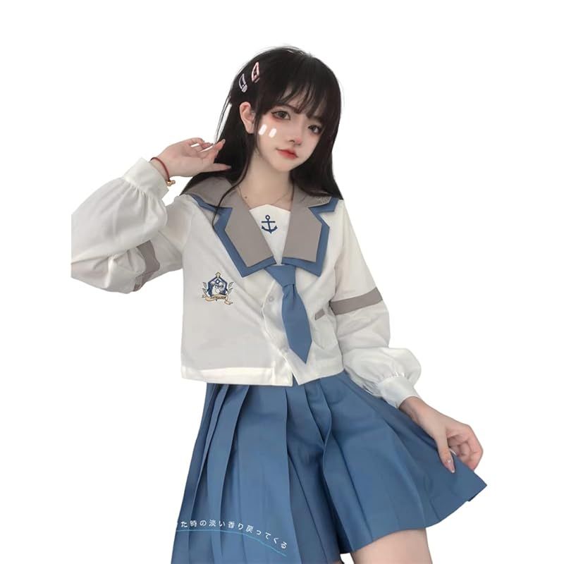 山水集 セーラー服 JK制服 コスプレ 長袖 本格制服 清純 可愛い 女子高生 水色 紺色 ブルー 刺繍 2層襟 袖取外 長袖半袖一体式 M ブルー 航海家 袖取外 1