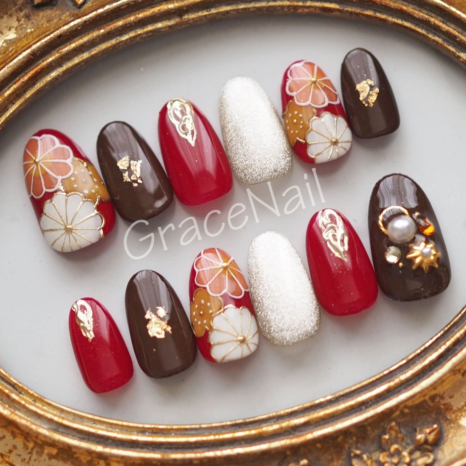 ネイルチップ 成人式 和柄 振袖 現品販売 505ネイルチップ現品販売 赤