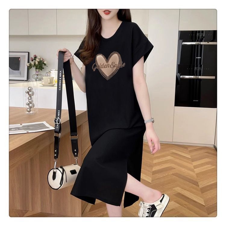 Tシャツワンピ ロングワンピース 半袖 ハート 英字 レディース