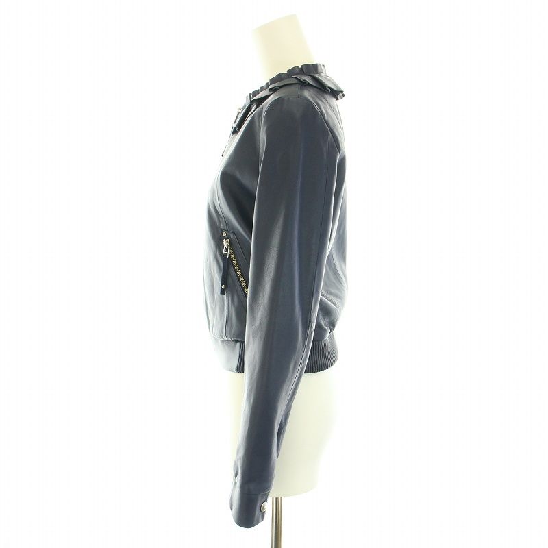 【ランバンオンブルー】レザージャケット アウター フリル ラムレザー 36 紺 ランバンオンブルー LANVIN en Bleu レザージャケット アウター